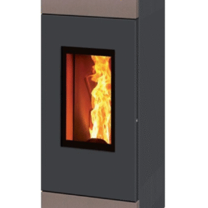 Stufa a legna ad aria calda ventilata Caminetti Montegrappa + rivestimento in maiolica tortora